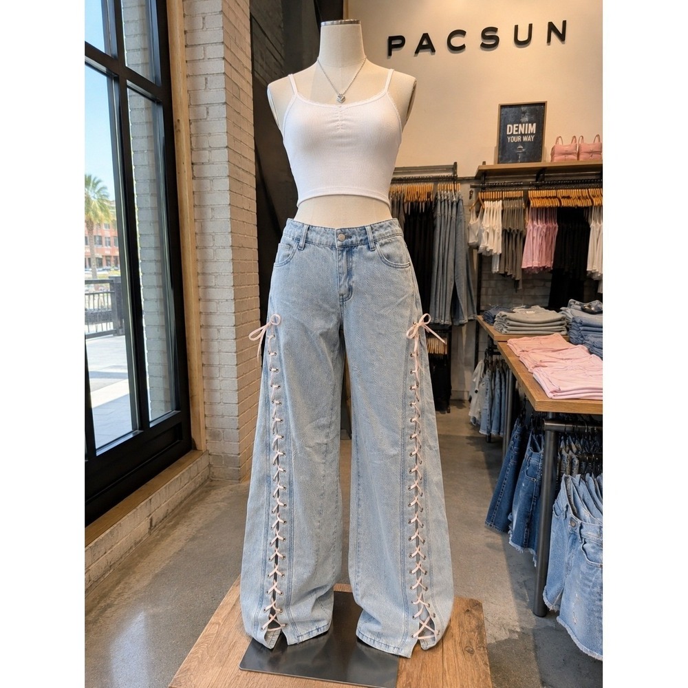 Y2k Lace-Up Baggy Jeans Size 26/Small | Coquette Ribbon Denim Pac Sun